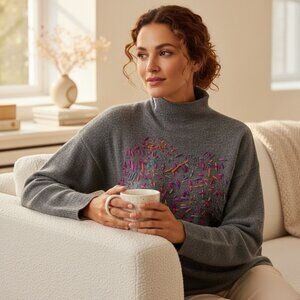 Leith Soft Mock Neck Embroidered Pullover Sweater Sz M Gray #246D